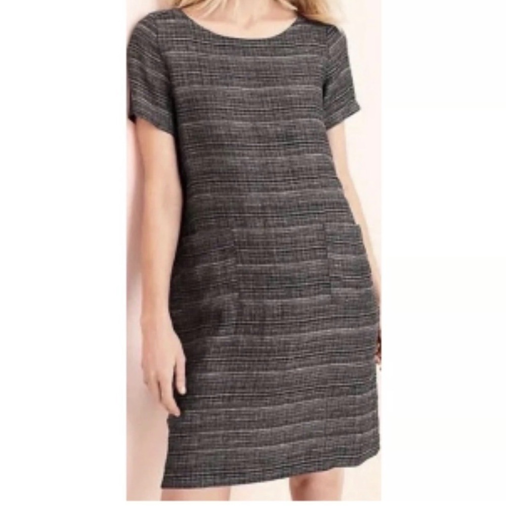 Eileen Fisher Women Navy Blue Textured Linen Blend Stripe Pocket Shift Dress S/P